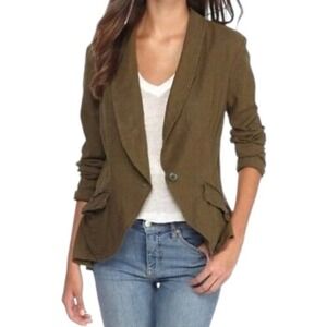 Free People Linen Blend Long Sleeve Olive Jacket Casual Fall Closet Staple - S